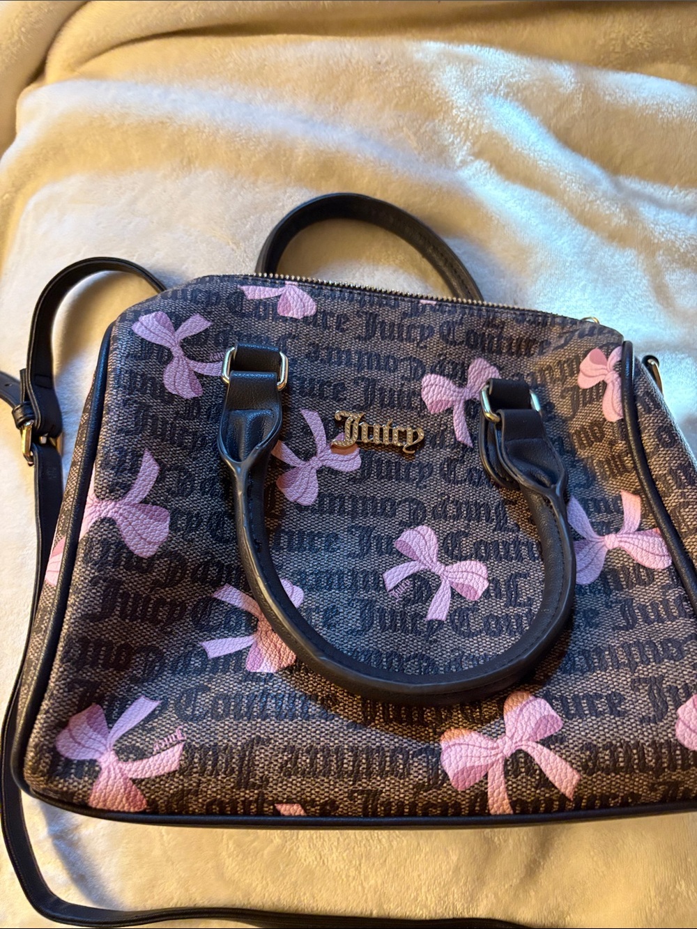 Juicy Couture Black Logo Satchel with Pink Bow Print